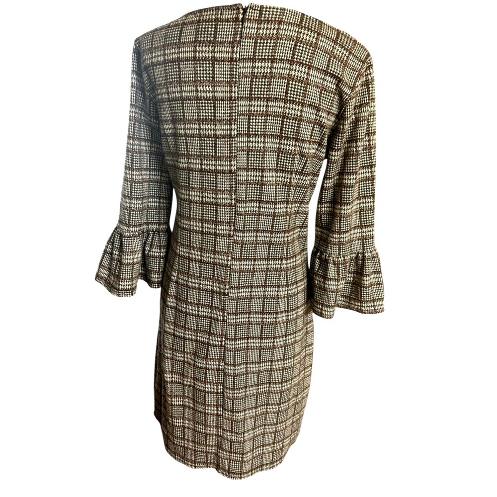 Nina Leonard Womens S Plaid Brown Gray 3/4 Balloon Sleeves Shift Stretch Dress - Picture 6 of 9